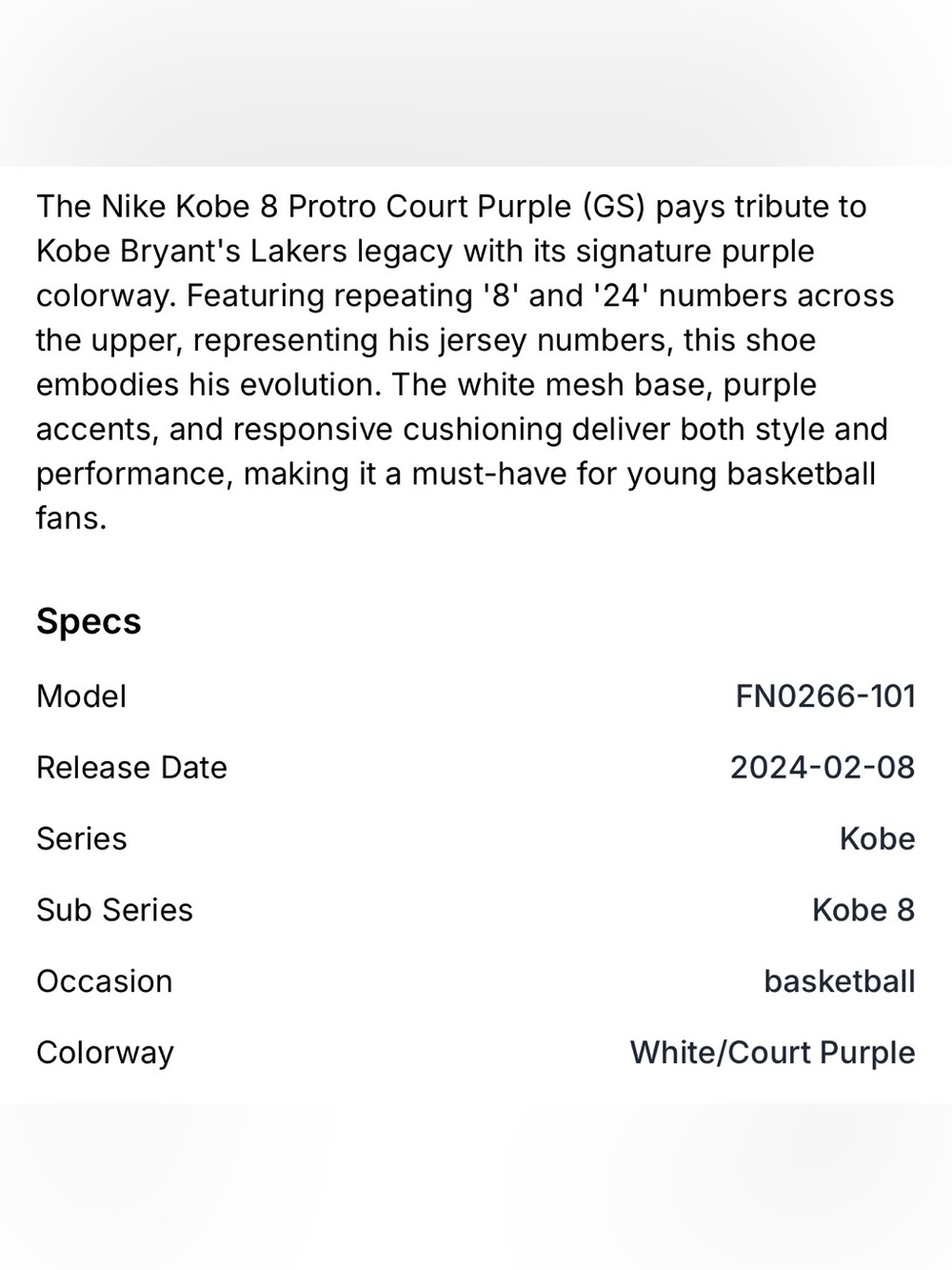 Nike Kids Big Boys Sz 5 Kobe 8 Protro Court Purple Basketball Sneakers w/Box NEW - Picture 5 of 14